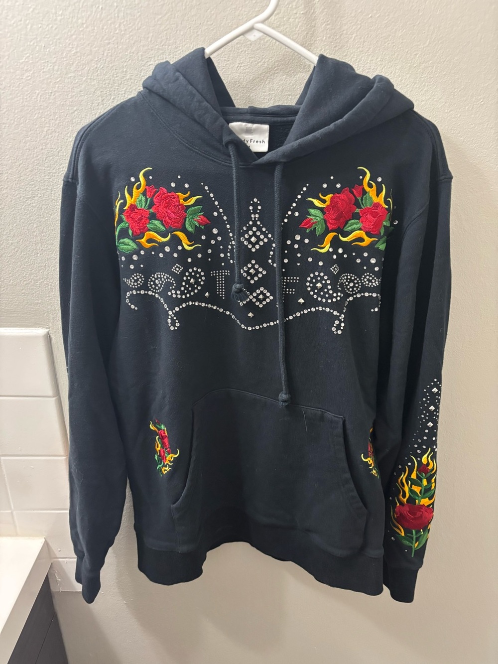 Teddy Fresh Black Hoodie Rhinestones with Rose & Yellow Flame Embroidery